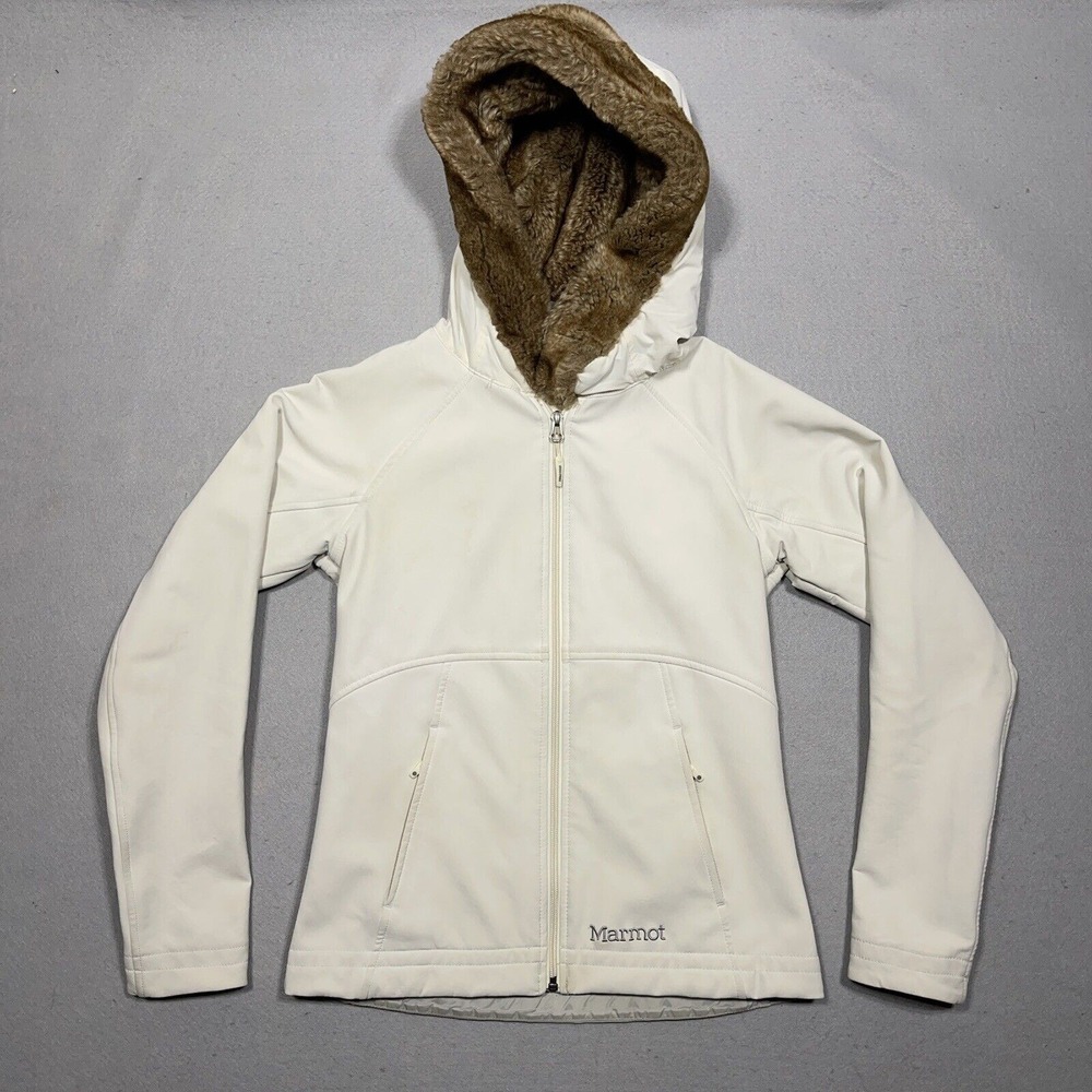 Marmot Softshell Jacket Women XS‎ Slim Fit Cream White Faux Fur Hooded Gorpcore